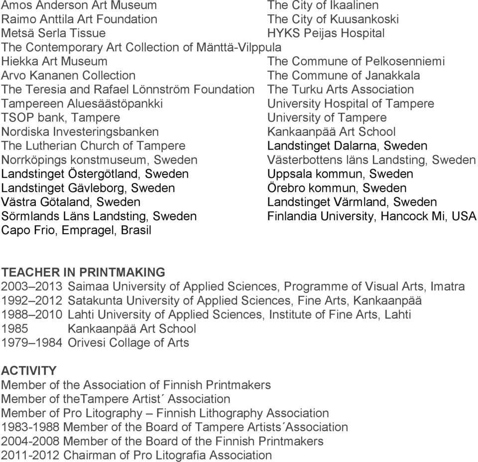 Hospital of Tampere TSOP bank, Tampere University of Tampere Nordiska Investeringsbanken Kankaanpää Art School The Lutherian Church of Tampere Landstinget Dalarna, Sweden Norrköpings konstmuseum,