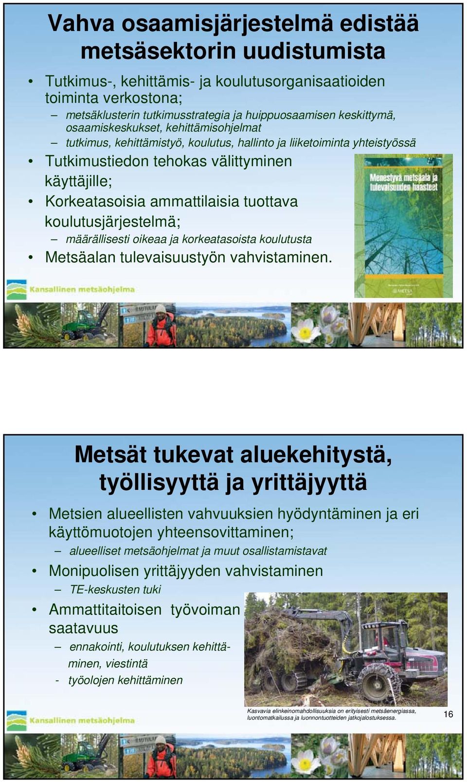 koulutusjärjestelmä; määrällisesti oikeaa ja korkeatasoista koulutusta Metsäalan tulevaisuustyön vahvistaminen.