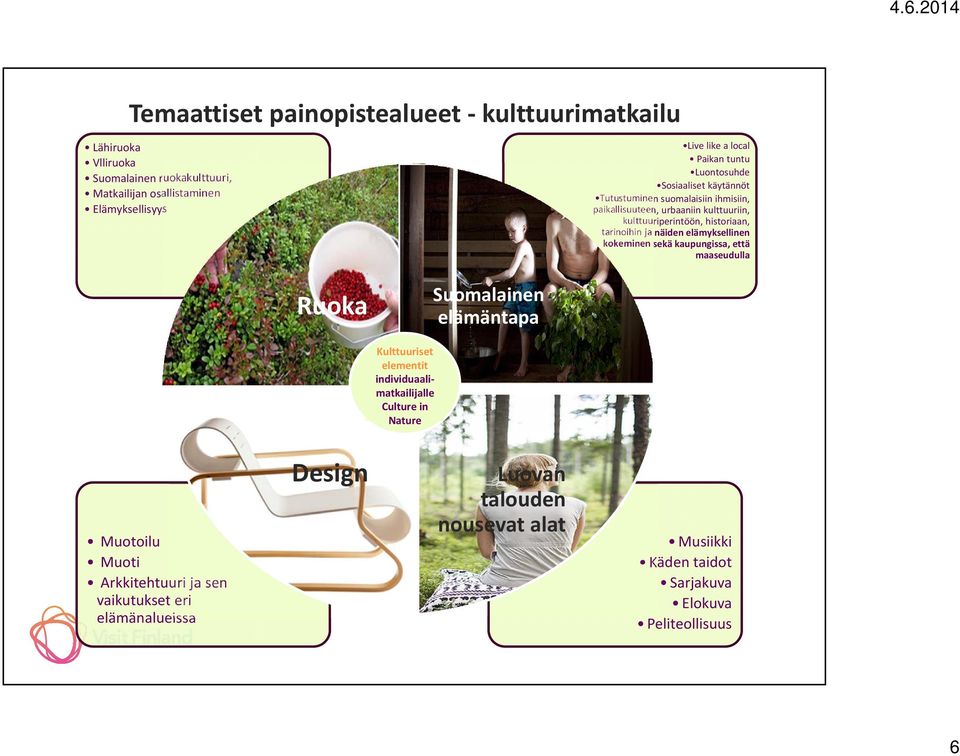 Vlliruoka Suomalainen ruokakulttuuri, Matkailijan osallistaminen Elämyksellisyys Ruoka Suomalainen elämäntapa Kulttuuriset elementit individuaali matkailijalle