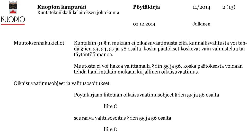 Oikaisuvaatimusohjeet ja valitusosoitukset Muutosta ei voi hakea valittamalla :iin 55 ja 56, koska päätöksestä voidaan tehdä