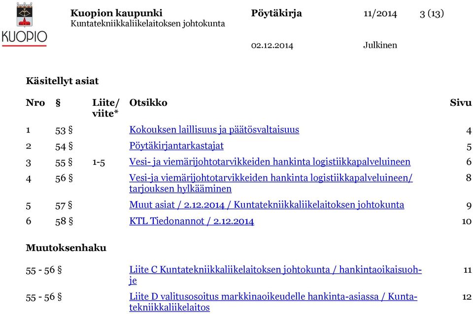 viemärijohtotarvikkeiden hankinta logistiikkapalveluineen/ tarjouksen hylkääminen 5 57 Muut asiat / 2.12.