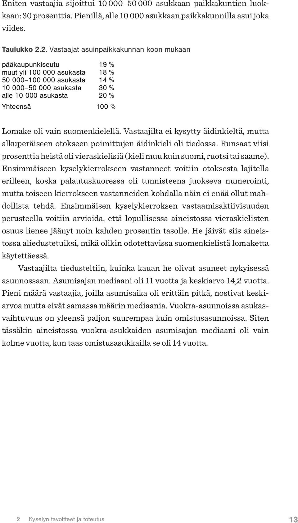 Lomake oli vain suomenkielellä. Vastaajilta ei kysytty äidinkieltä, mutta alkuperäiseen otokseen poimittujen äidinkieli oli tiedossa.