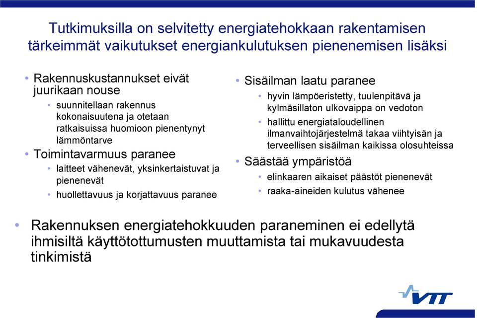 laatu paranee hyvin lämpöeristetty, tuulenpitävä ja kylmäsillaton ulkovaippa on vedoton hallittu energiataloudellinen ilmanvaihtojärjestelmä takaa viihtyisän ja terveellisen sisäilman kaikissa