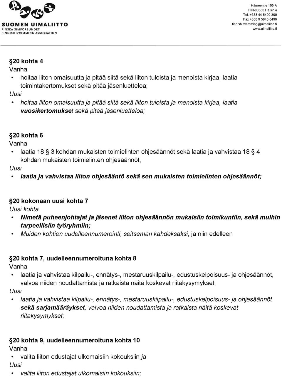 fi 20 kohta 4 Vanha hoitaa liiton omaisuutta ja pitää siitä sekä liiton tuloista ja menoista kirjaa, laatia toimintakertomukset sekä pitää jäsenluetteloa; Uusi hoitaa liiton omaisuutta ja pitää siitä