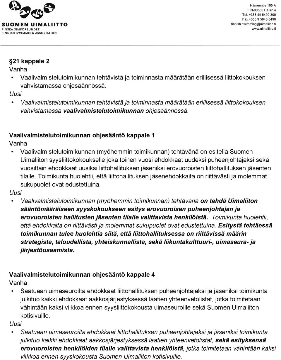 Uusi Vaalivalmistelutoimikunnan tehtävistä ja toiminnasta määrätään erillisessä liittokokouksen vahvistamassa vaalivalmistelutoimikunnan ohjesäännössä.