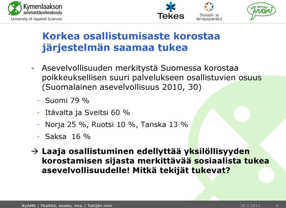 Sveitsi 60 % - Norja 25 %, Ruotsi 10 %, Tanska 13 % - Saksa 16 % Laaja osallistuminen edellyttää yksilöllisyyden