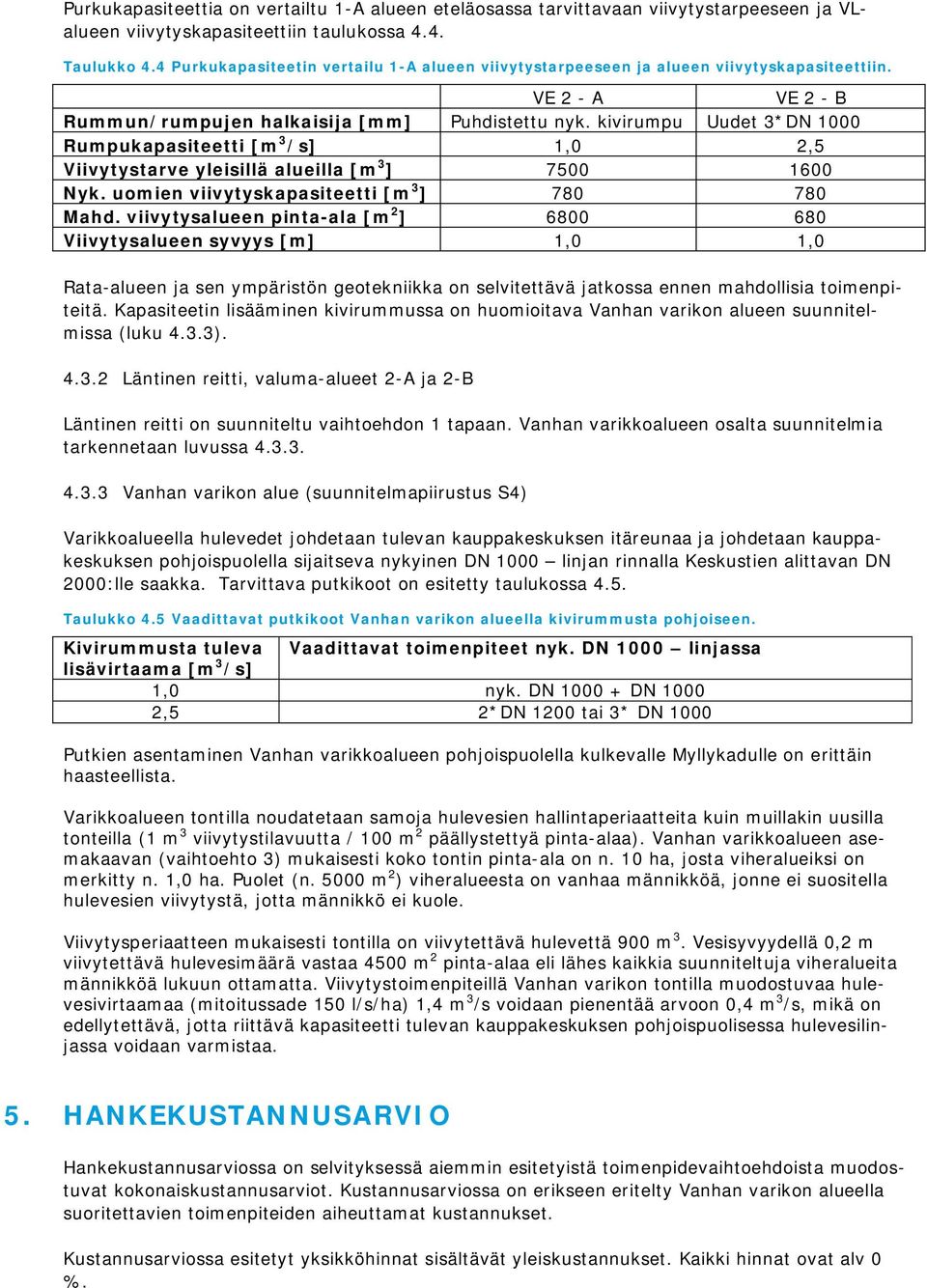 kivirumpu Uudet 3*DN 1000 Rumpukapasiteetti [m 3 /s] 1,0 2,5 Viivytystarve yleisillä alueilla [m 3 ] 7500 1600 Nyk. uomien viivytyskapasiteetti [m 3 ] 780 780 Mahd.