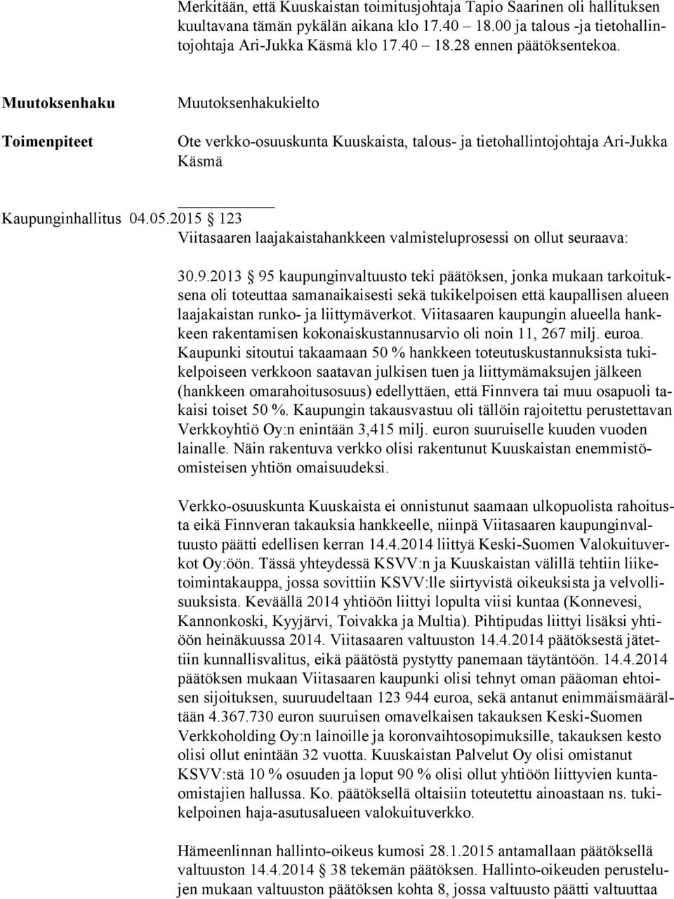 2015 123 Viitasaaren laajakaistahankkeen valmisteluprosessi on ollut seuraava: 30.9.