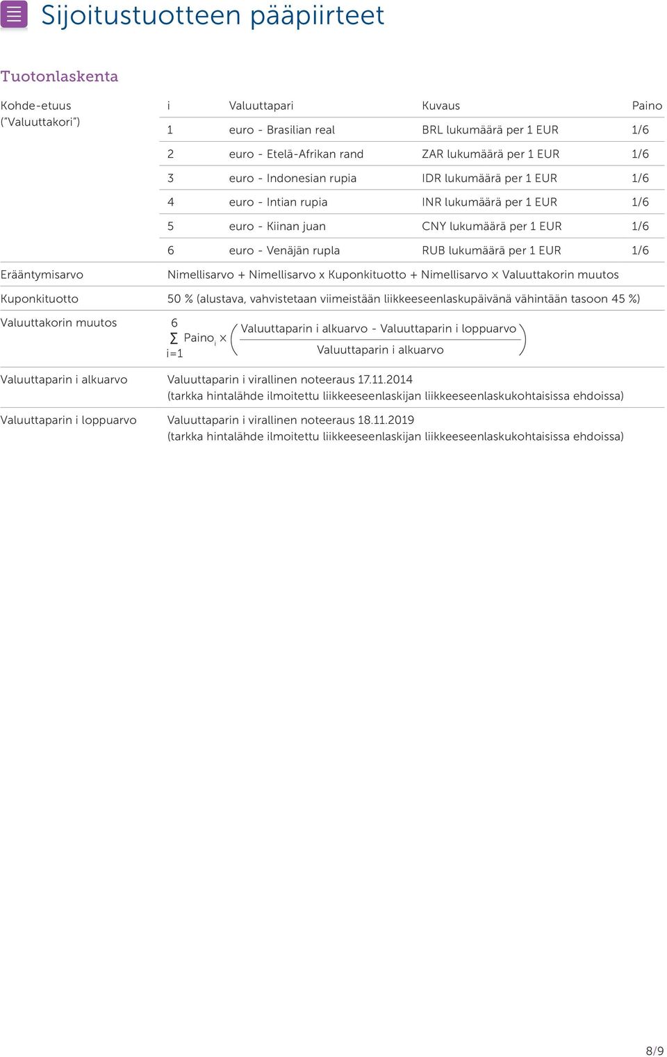 per 1 EUR 1/6 Erääntymisarvo Nimellisarvo + Nimellisarvo x Kuponkituotto + Nimellisarvo Valuuttakorin muutos Kuponkituotto 50 % (alustava, vahvistetaan viimeistään liikkeeseenlaskupäivänä vähintään