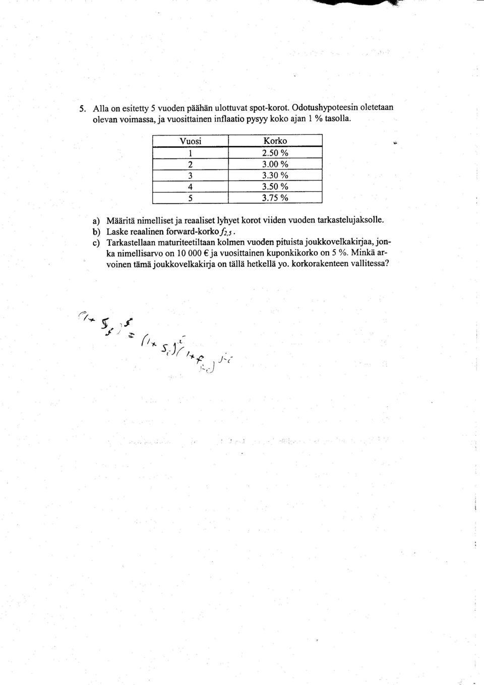 7s % a) MAarita nimelliset ja reaaliset lyhyet korot viiden vuoden tarkastelujaksolle. b) Laske reaalinen forward-korko/,5.