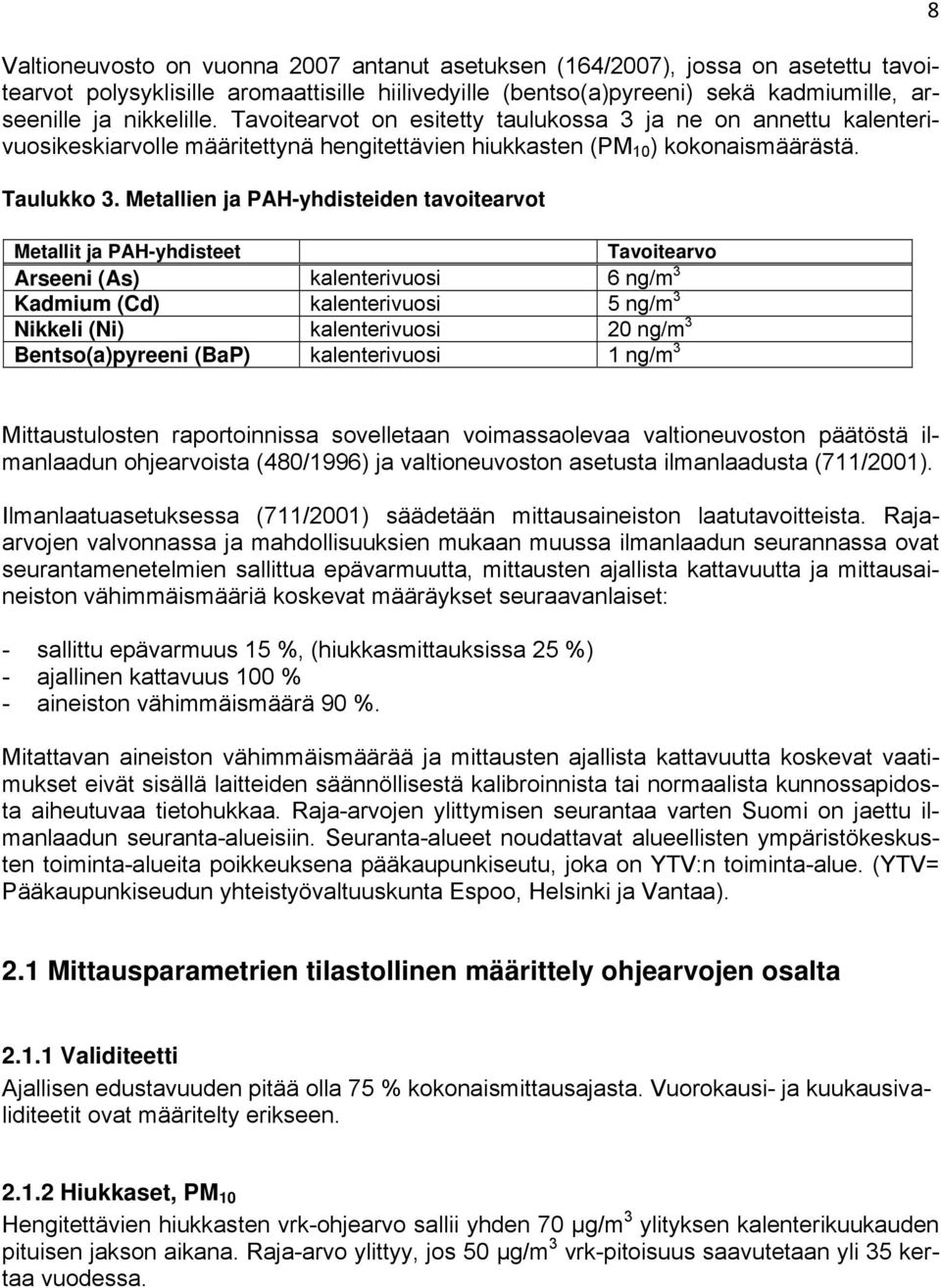 Metallien ja PAH-yhdisteiden tavoitearvot Metallit ja PAH-yhdisteet Tavoitearvo Arseeni (As) kalenterivuosi 6 ng/m 3 Kadmium (Cd) kalenterivuosi 5 ng/m 3 Nikkeli (Ni) kalenterivuosi 20 ng/m 3