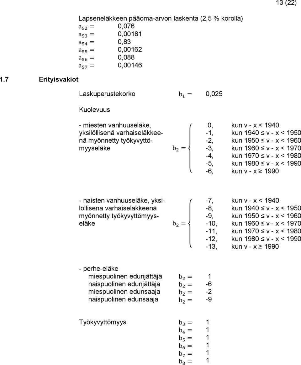 miesten vanhuuseläke, yksilöllisenä varhaiseläkkeenä myönnetty työkyvyttömyyseläke b 2 = { 0, -1, -2, -3, -4, -5, -6, kun v - x < 1940 kun 1940 v - x < 1950 kun 1950 v - x < 1960 kun 1960 v - x <