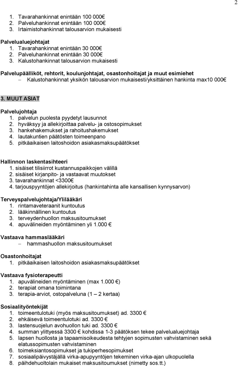 3. MUUT ASIAT 1. palvelun puolesta pyydetyt lausunnot 2. hyväksyy ja allekirjoittaa palvelu- ja ostosopimukset 3. hankehakemukset ja rahoitushakemukset 4. lautakuntien päätösten toimeenpano 5.