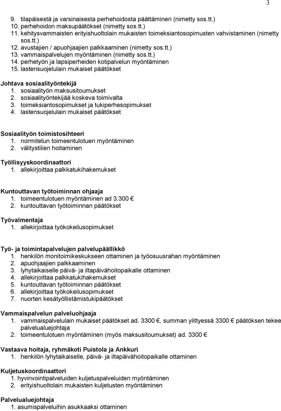 vammaispalvelujen myöntäminen (nimetty sos.tt.) 14. perhetyön ja lapsiperheiden kotipalvelun myöntäminen 15. lastensuojelulain mukaiset päätökset Johtava sosiaalityöntekijä 1.