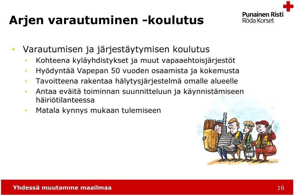 kokemusta Tavoitteena rakentaa hälytysjärjestelmä omalle alueelle Antaa eväitä toiminnan