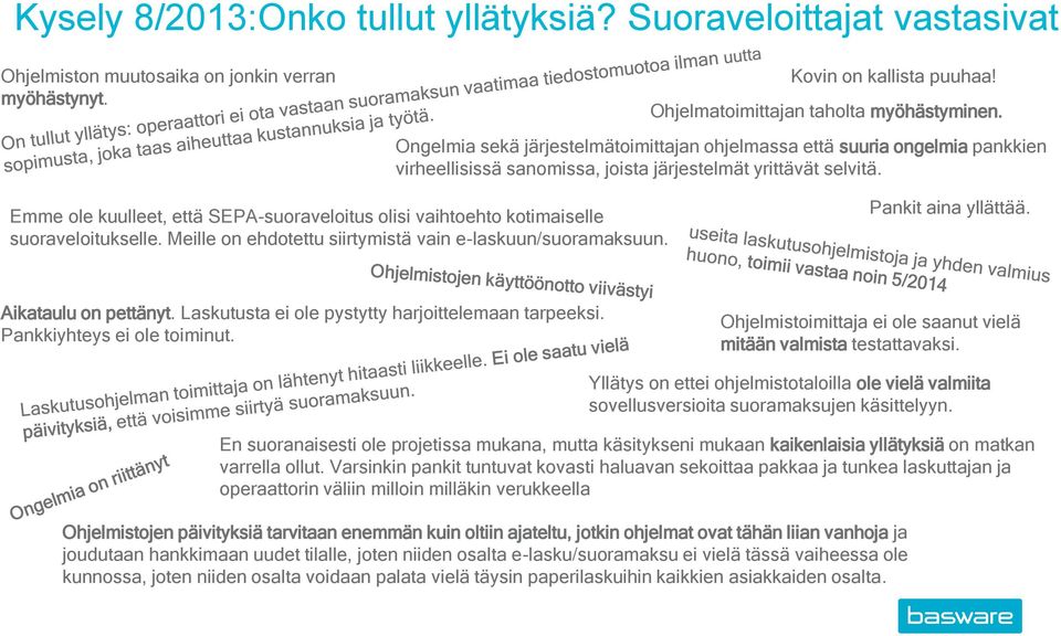 Emme ole kuulleet, että SEPA-suoraveloitus olisi vaihtoehto kotimaiselle suoraveloitukselle. Meille on ehdotettu siirtymistä vain e-laskuun/suoramaksuun. Pankit aina yllättää. Aikataulu on pettänyt.