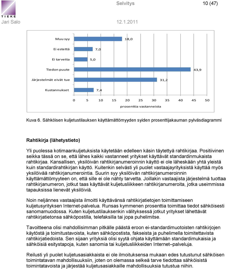 Positiivinen seikka tässä on se, että lähes kaikki vastanneet yritykset käyttävät standardinmukaista rahtikirjaa.