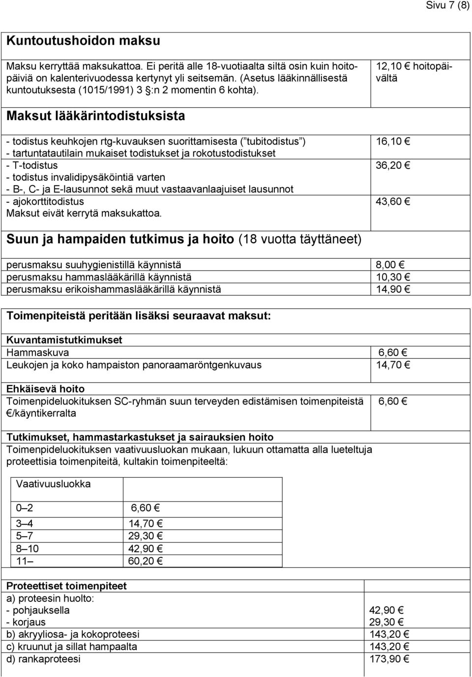 12,10 hoitopäivältä Maksut lääkärintodistuksista - todistus keuhkojen rtg-kuvauksen suorittamisesta ( tubitodistus ) - tartuntatautilain mukaiset todistukset ja rokotustodistukset - T-todistus -