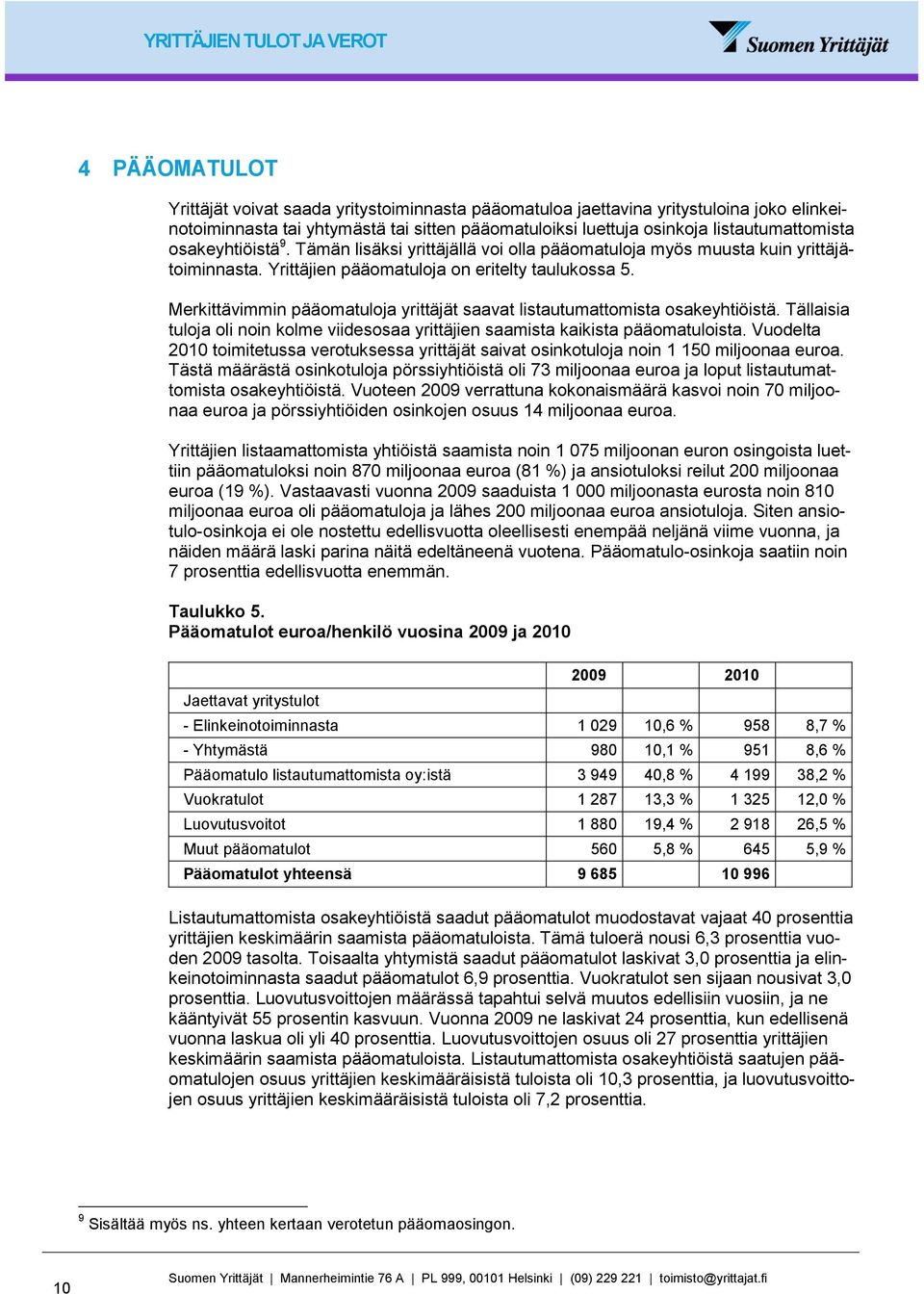 Merkittävimmin pääomatuloja yrittäjät saavat listautumattomista osakeyhtiöistä. Tällaisia tuloja oli noin kolme viidesosaa yrittäjien saamista kaikista pääomatuloista.