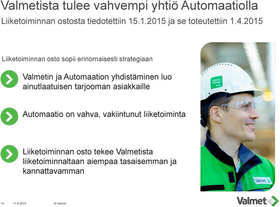 2015 Liiketoiminnan osto sopii erinomaisesti strategiaan Valmetin ja Automaation yhdistäminen luo