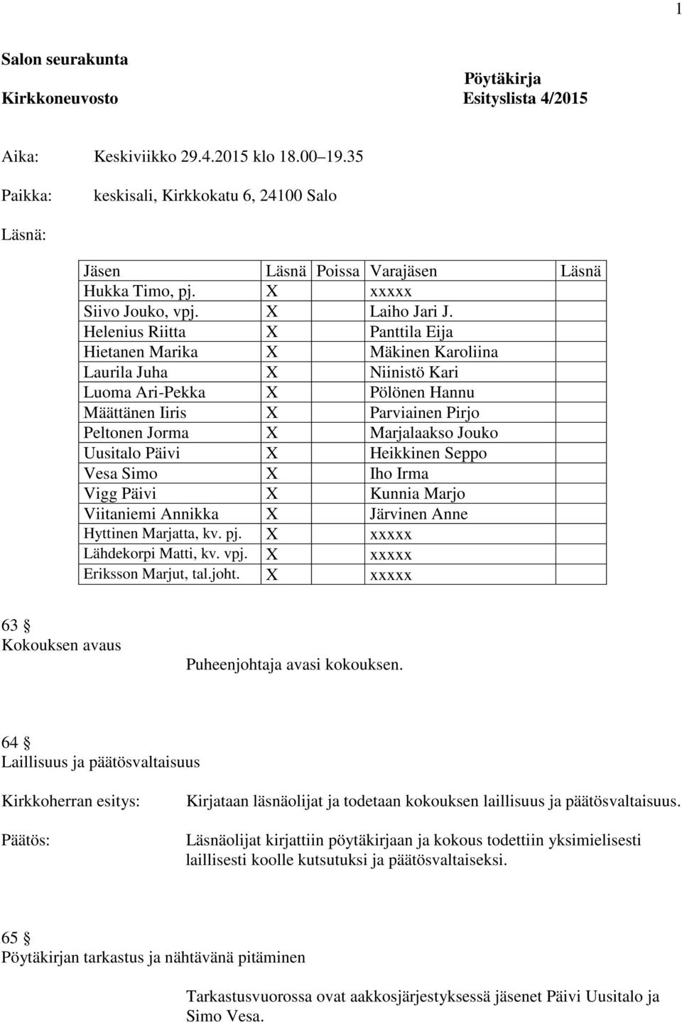 Helenius Riitta X Panttila Eija Hietanen Marika X Mäkinen Karoliina Laurila Juha X Niinistö Kari Luoma Ari-Pekka X Pölönen Hannu Määttänen Iiris X Parviainen Pirjo Peltonen Jorma X Marjalaakso Jouko