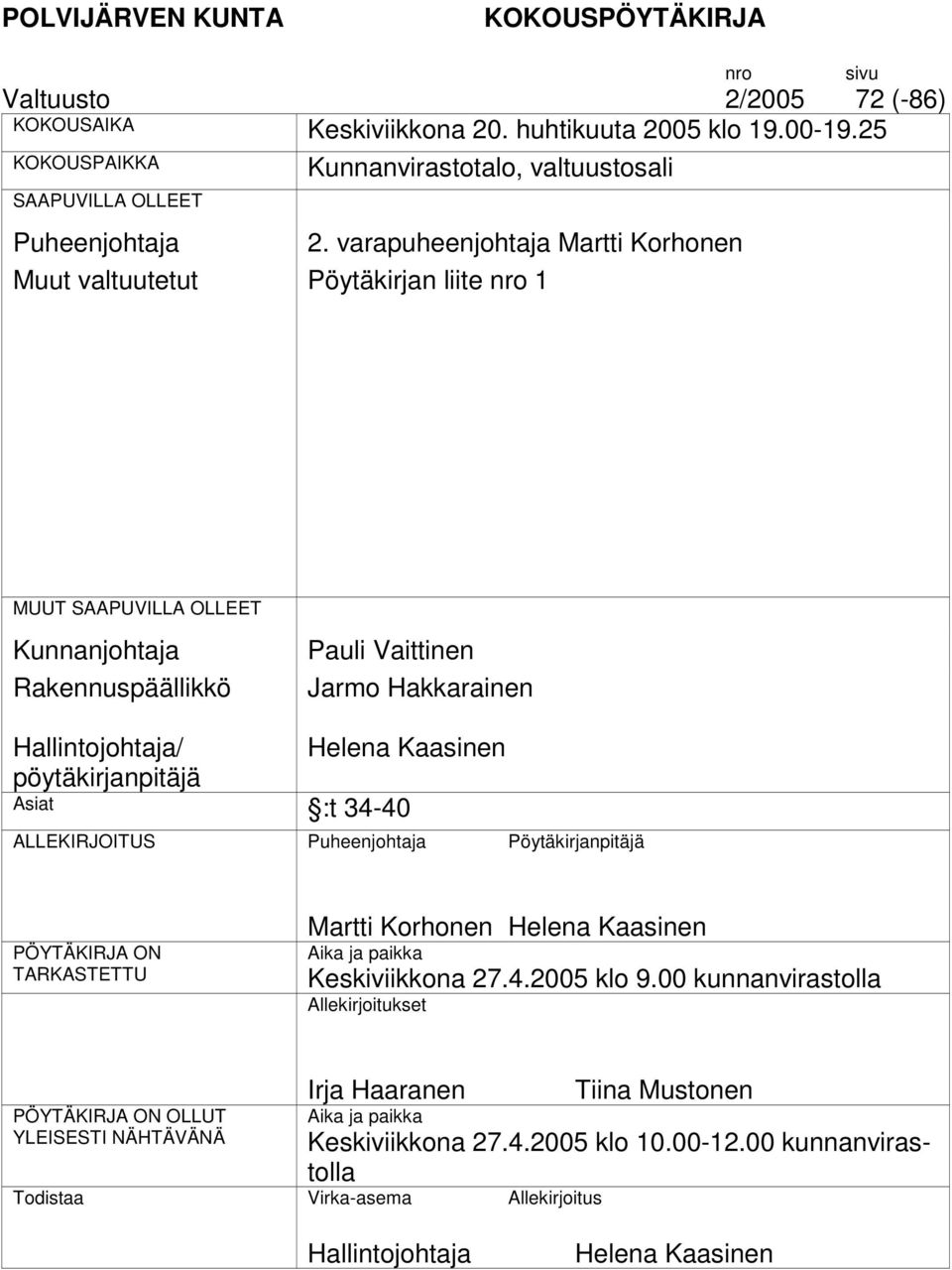 Kaasinen pöytäkirjanpitäjä Asiat :t 34-40 ALLEKIRJOITUS Puheenjohtaja Pöytäkirjanpitäjä PÖYTÄKIRJA ON TARKASTETTU Martti Korhonen Helena Kaasinen Aika ja paikka Keskiviikkona 27.4.2005 klo 9.