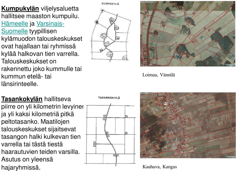 Talouskeskukset on rakennettu joko kummulle tai kummun etelä- tai länsirinteelle.