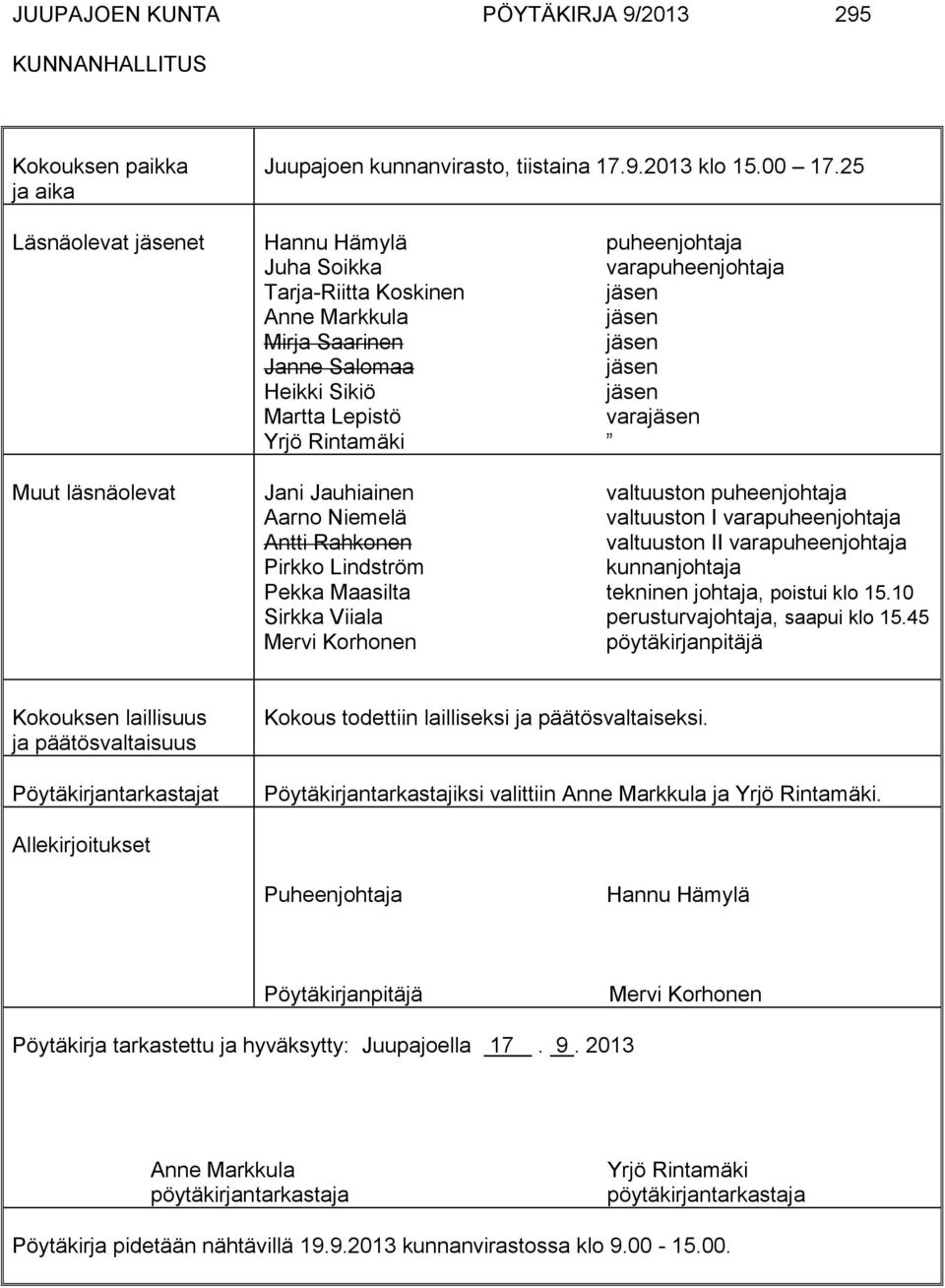 Niemelä Antti Rahkonen Pirkko Lindström Pekka Maasilta Sirkka Viiala Mervi Korhonen puheenjohtaja varapuheenjohtaja jäsen jäsen jäsen jäsen jäsen varajäsen valtuuston puheenjohtaja valtuuston I