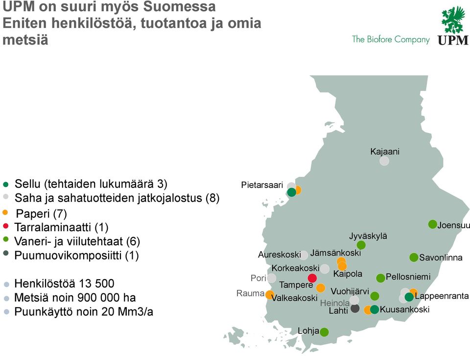 Henkilöstöä 13 500 Metsiä noin 900 000 ha Puunkäyttö noin 20 Mm3/a Pietarsaari Joensuu Jyväskylä Pori Rauma Aureskoski