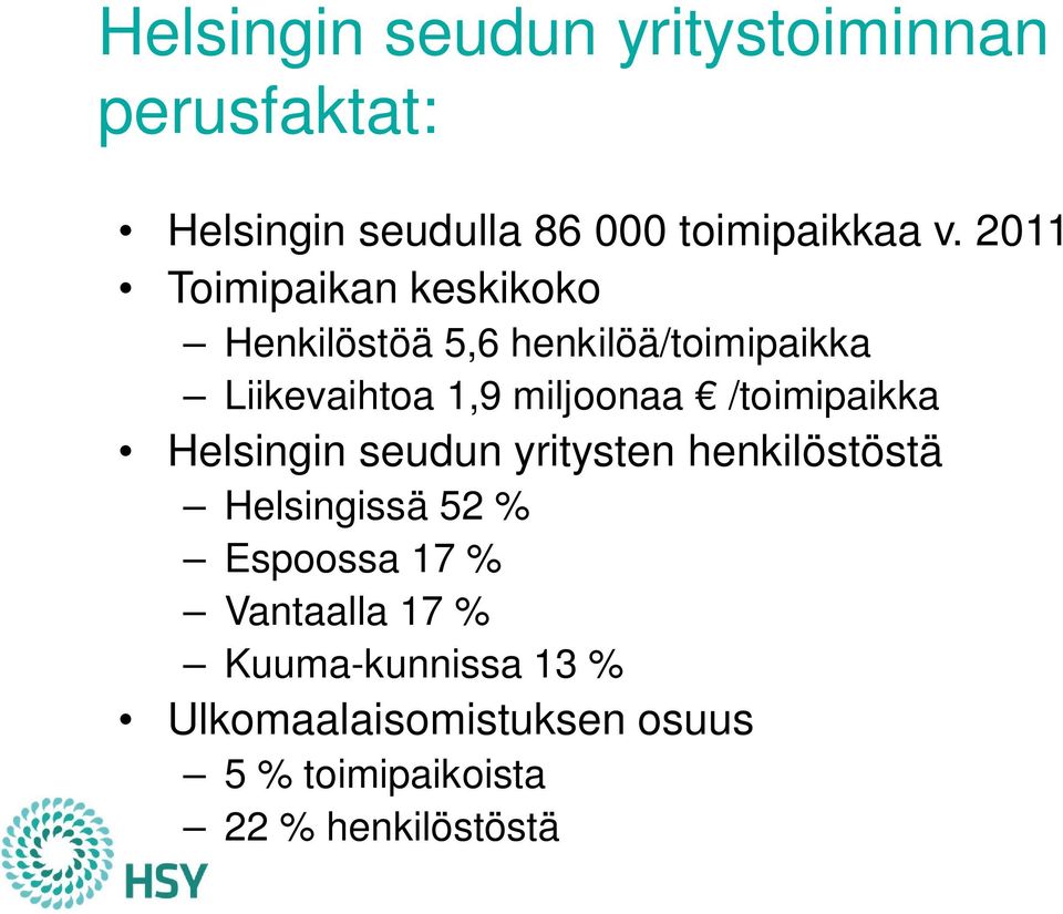 /toimipaikka Helsingin seudun yritysten henkilöstöstä Helsingissä 52 % Espoossa 17 %