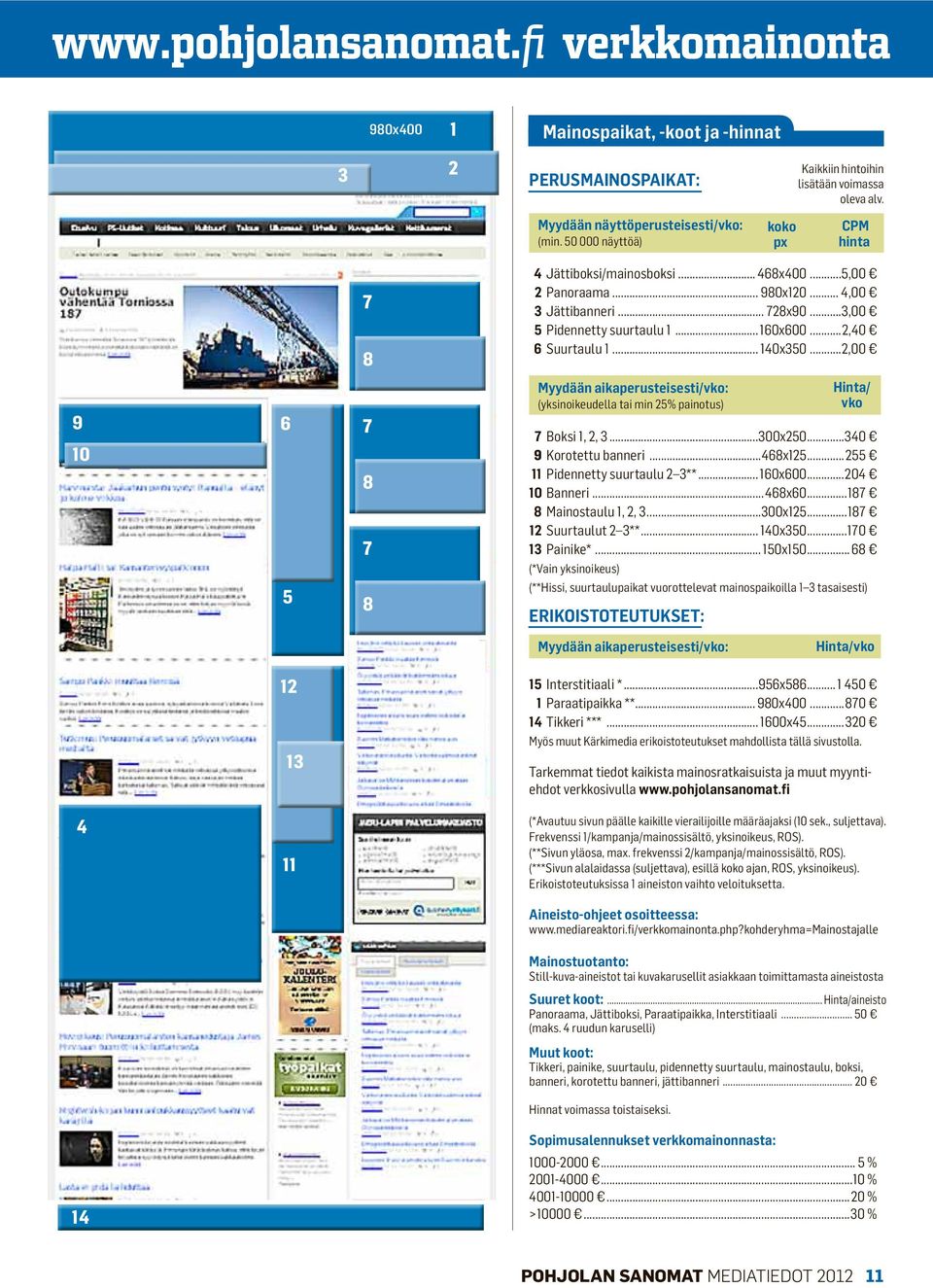.. 140x350...2,00 9 10 6 7 8 7 Myydään aikaperusteisesti/vko: (yksinoikeudella tai min 25% painotus) 7 Boksi 1, 2, 3...300x250...340 9 Korotettu banneri...468x125... 255 11 Pidennetty suurtaulu 2 3**.
