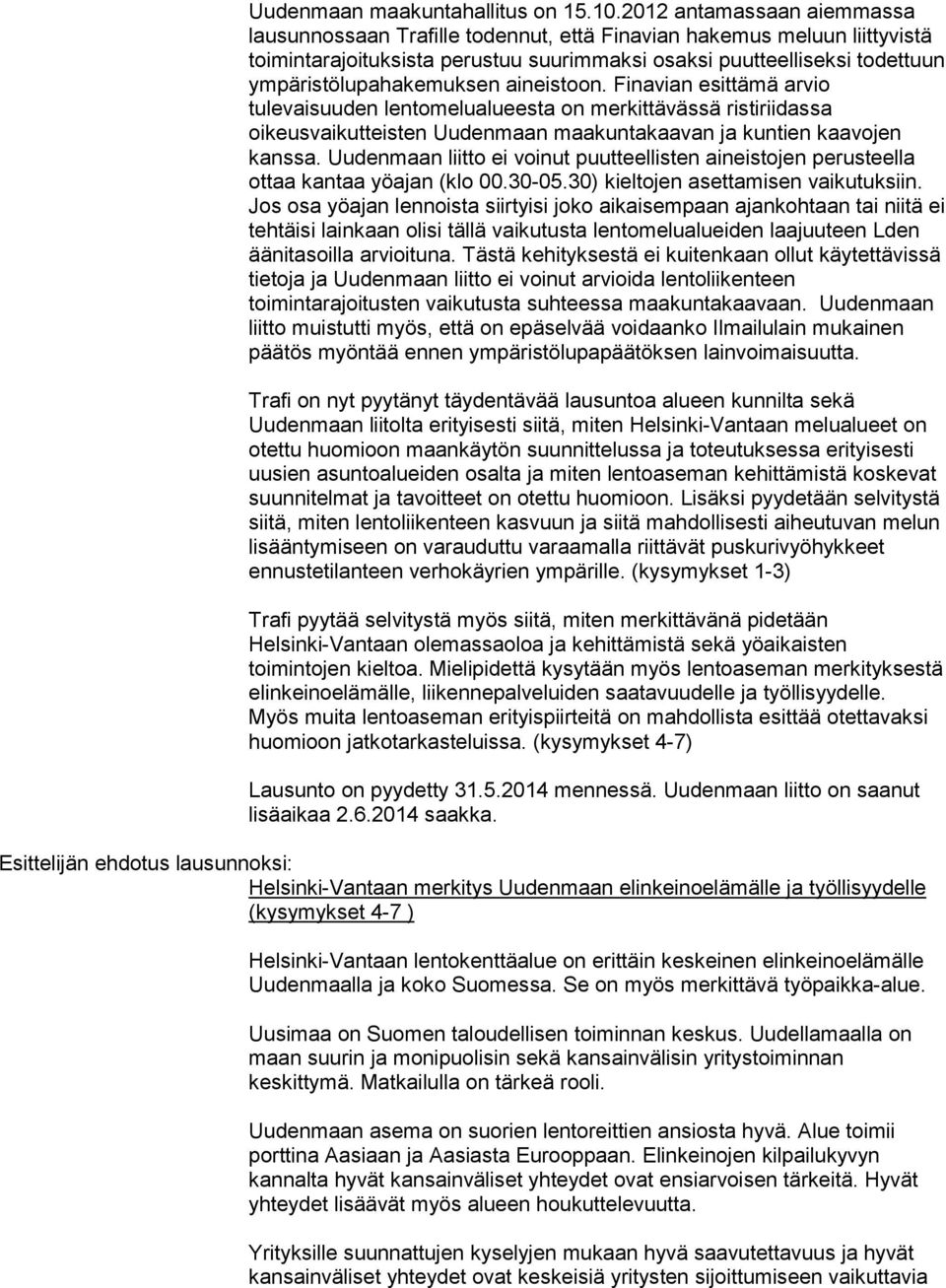 ympäristölupahakemuksen aineistoon. Finavian esittämä arvio tulevaisuuden lentomelualueesta on merkittävässä ristiriidassa oikeusvaikutteisten Uudenmaan maakuntakaavan ja kuntien kaavojen kanssa.