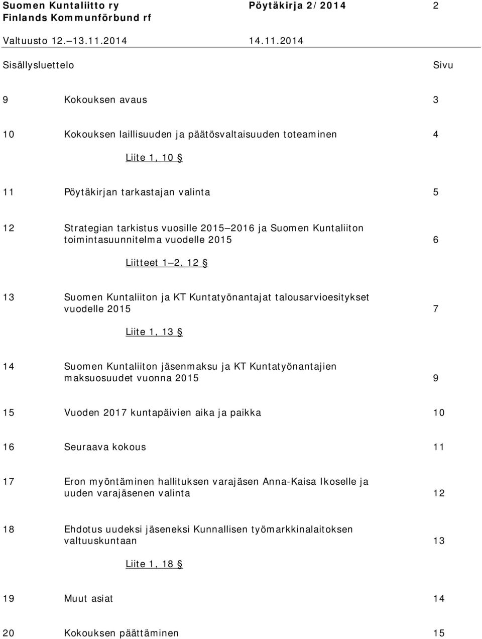 Liite 1, 13 14 Suomen Kuntaliiton jäsenmaksu ja KT Kuntatyönantajien maksuosuudet vuonna 2015 9 15 Vuoden 2017 kuntapäivien aika ja paikka 10 16 Seuraava kokous 11 17 Eron myöntäminen hallituksen