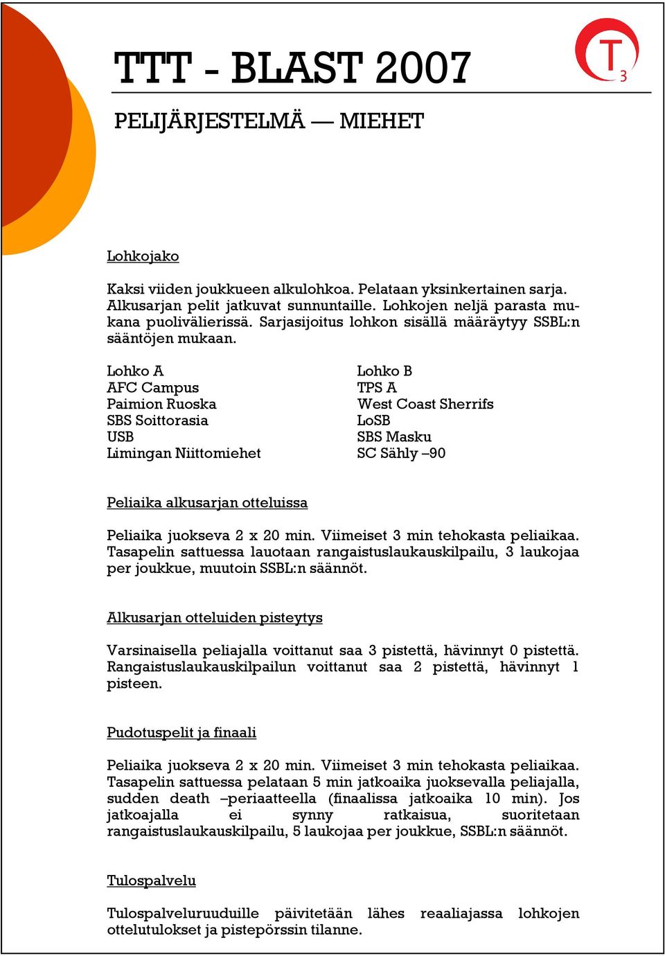 Lohko A Lohko B AFC Campus TPS A Paimion Ruoska West Coast Sherrifs SBS Soittorasia LoSB USB SBS Masku Limingan Niittomiehet SC Sähly 90 Peliaika alkusarjan otteluissa Peliaika juokseva 2 x 20 min.