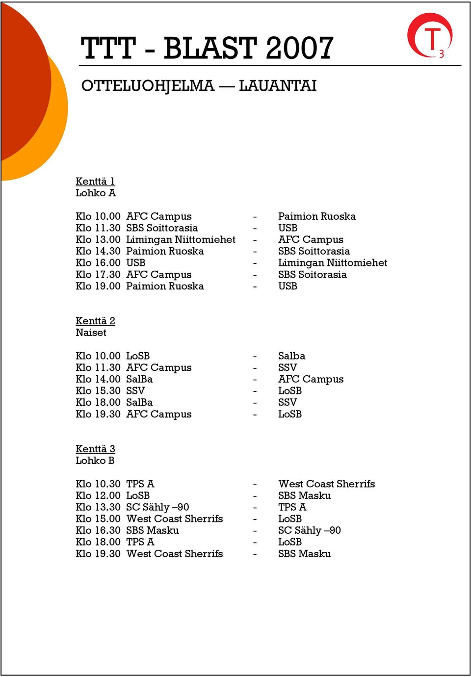 00 LoSB - Salba Klo 11.30 AFC Campus - SSV Klo 14.00 SalBa - AFC Campus Klo 15.30 SSV - LoSB Klo 18.00 SalBa - SSV Klo 19.30 AFC Campus - LoSB Kenttä 3 Lohko B Klo 10.