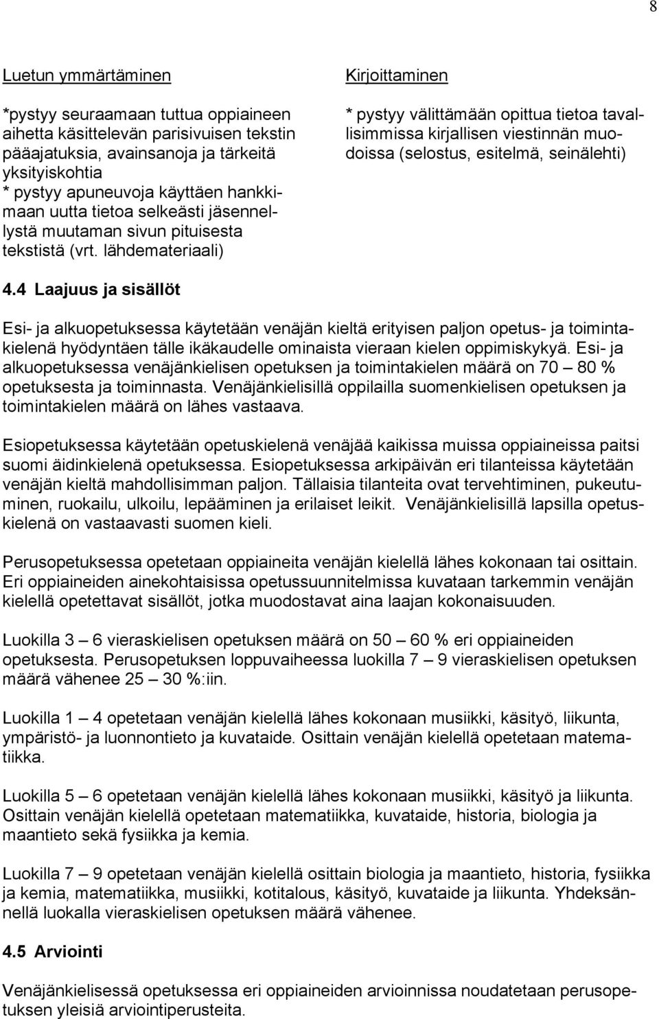 lähdemateriaali) Kirjoittaminen * pystyy välittämään opittua tietoa tavallisimmissa kirjallisen viestinnän muodoissa (selostus, esitelmä, seinälehti) 4.