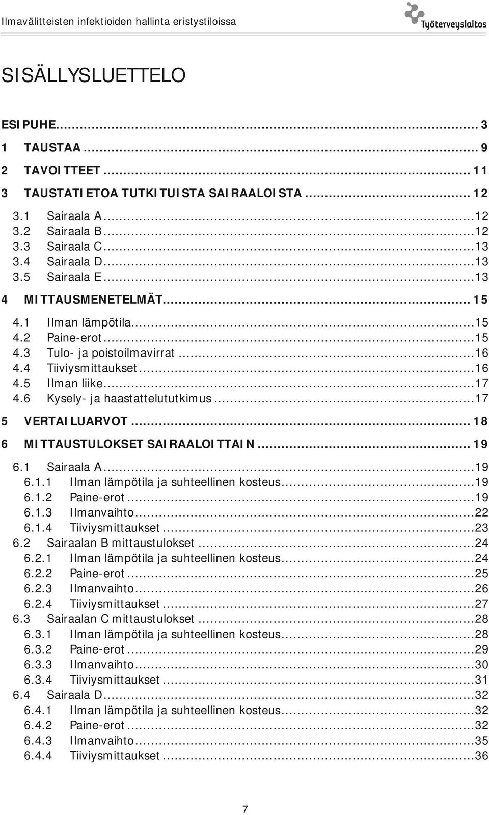 ..17 5 VERTAILUARVOT...18 6 MITTAUSTULOKSET SAIRAALOITTAIN... 19 6.1 Sairaala A...19 6.1.1 Ilman lämpötila ja suhteellinen kosteus...19 6.1.2 Paine-erot...19 6.1.3 Ilmanvaihto...22 6.1.4 Tiiviysmittaukset.