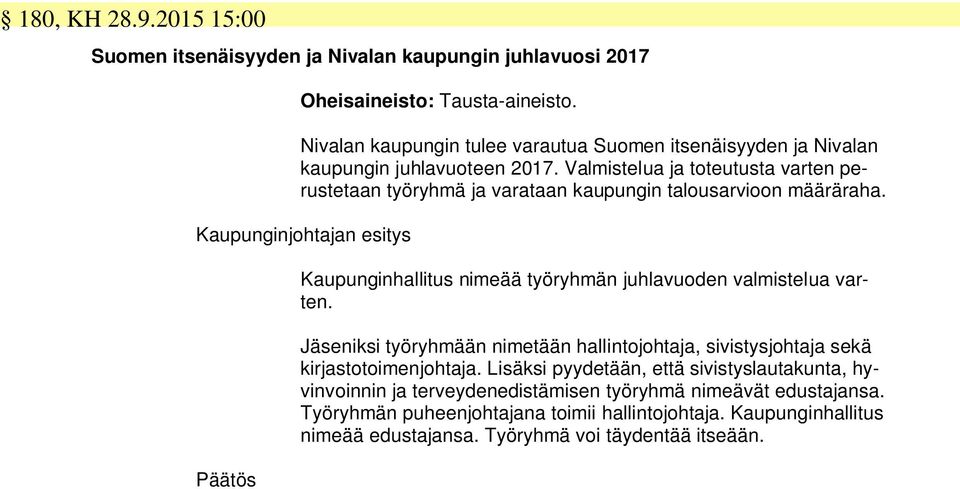 Valmistelua ja toteutusta varten perustetaan työryhmä ja varataan kaupungin talousarvioon määräraha. Kaupunginhallitus nimeää työryhmän juhlavuoden valmistelua varten.