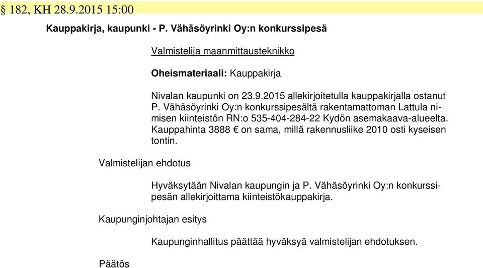 2015 allekirjoitetulla kauppakirjalla ostanut P.