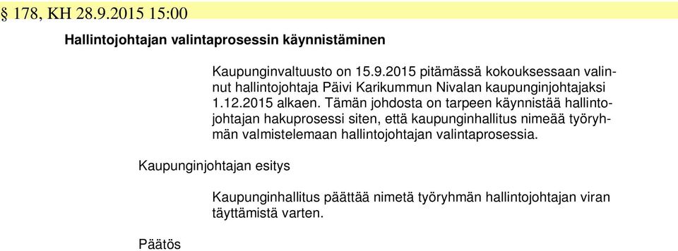 Tämän johdosta on tarpeen käynnistää hallintojohtajan hakuprosessi siten, että kaupunginhallitus nimeää työryhmän