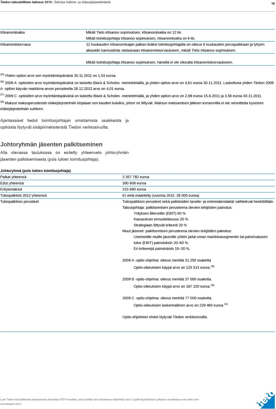 Mikäli toimitusjohtaja irtisanoo sopimuksen, hänellä ei ole oikeutta irtisanomiskorvaukseen. 25) Yhden option arvo sen myöntämispäivänä 30.11.2011 on 1,53 euroa.