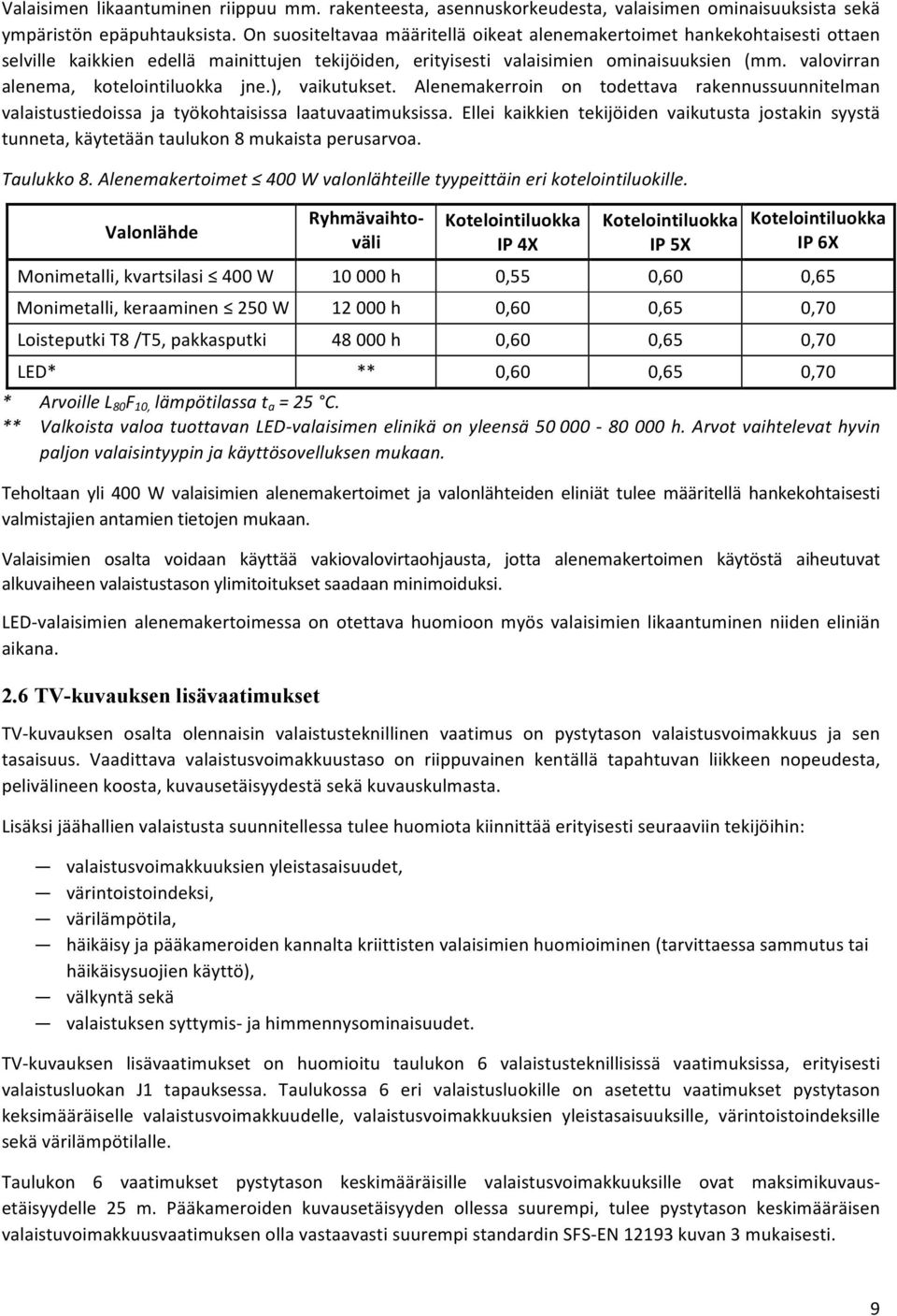 valovirran alenema, kotelointiluokka jne.), vaikutukset. Alenemakerroin on todettava rakennussuunnitelman valaistustiedoissa ja työkohtaisissa laatuvaatimuksissa.