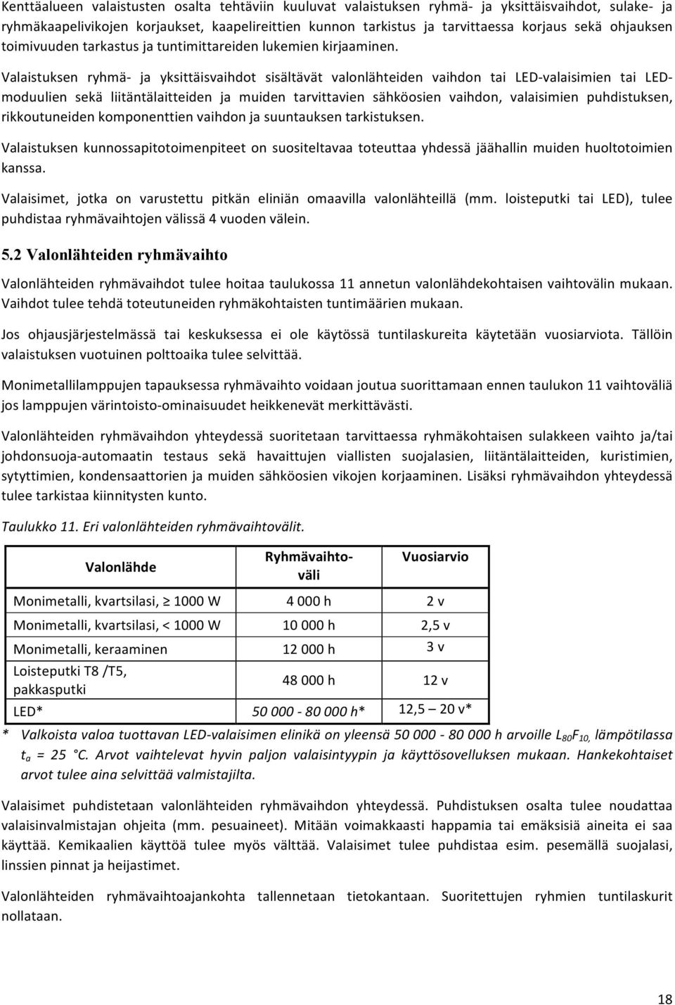 Valaistuksen ryhmä- ja yksittäisvaihdot sisältävät valonlähteiden vaihdon tai LED- valaisimien tai LED- moduulien sekä liitäntälaitteiden ja muiden tarvittavien sähköosien vaihdon, valaisimien