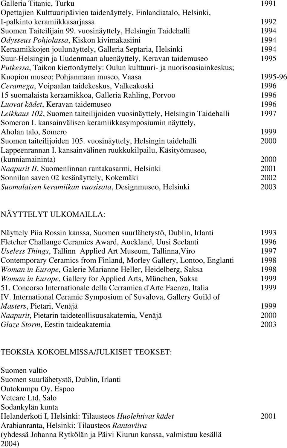taidemuseo 1995 Putkessa, Taikon kiertonäyttely: Oulun kulttuuri- ja nuorisoasiainkeskus; Kuopion museo; Pohjanmaan museo, Vaasa 1995-96 Ceramega, Voipaalan taidekeskus, Valkeakoski 1996 15