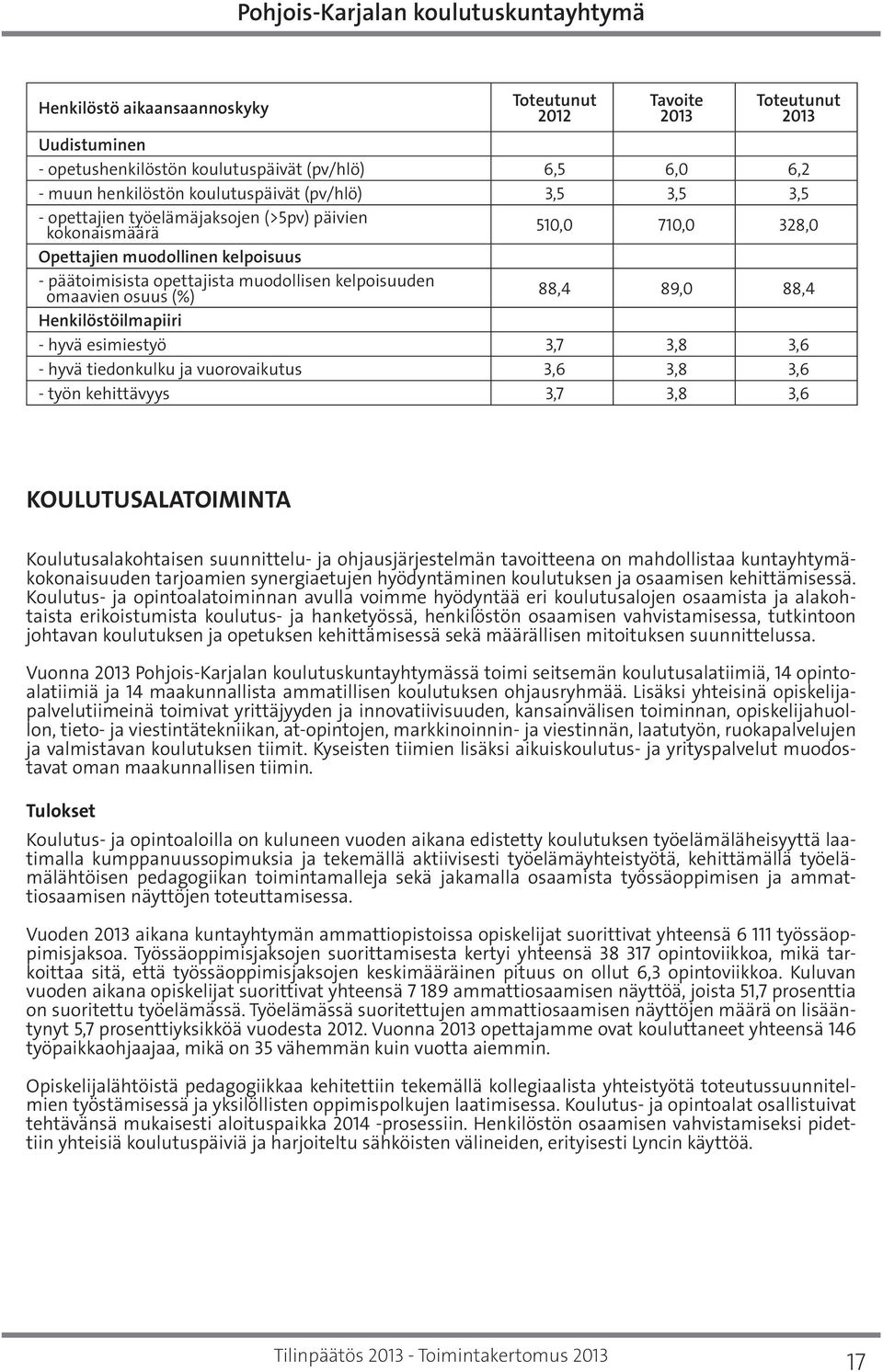 3,7 3,8 3,6 - hyvä tiedonkulku ja vuorovaikutus 3,6 3,8 3,6 - työn kehittävyys 3,7 3,8 3,6 KOULUTUSALATOIMINTA Koulutusalakohtaisen suunnittelu- ja ohjausjärjestelmän tavoitteena on mahdollistaa