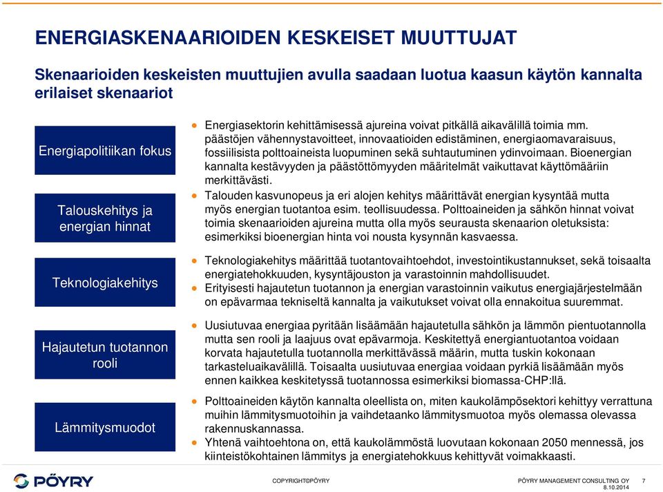 päästöjen vähennystavoitteet, innovaatioiden edistäminen, energiaomavaraisuus, fossiilisista polttoaineista luopuminen sekä suhtautuminen ydinvoimaan.