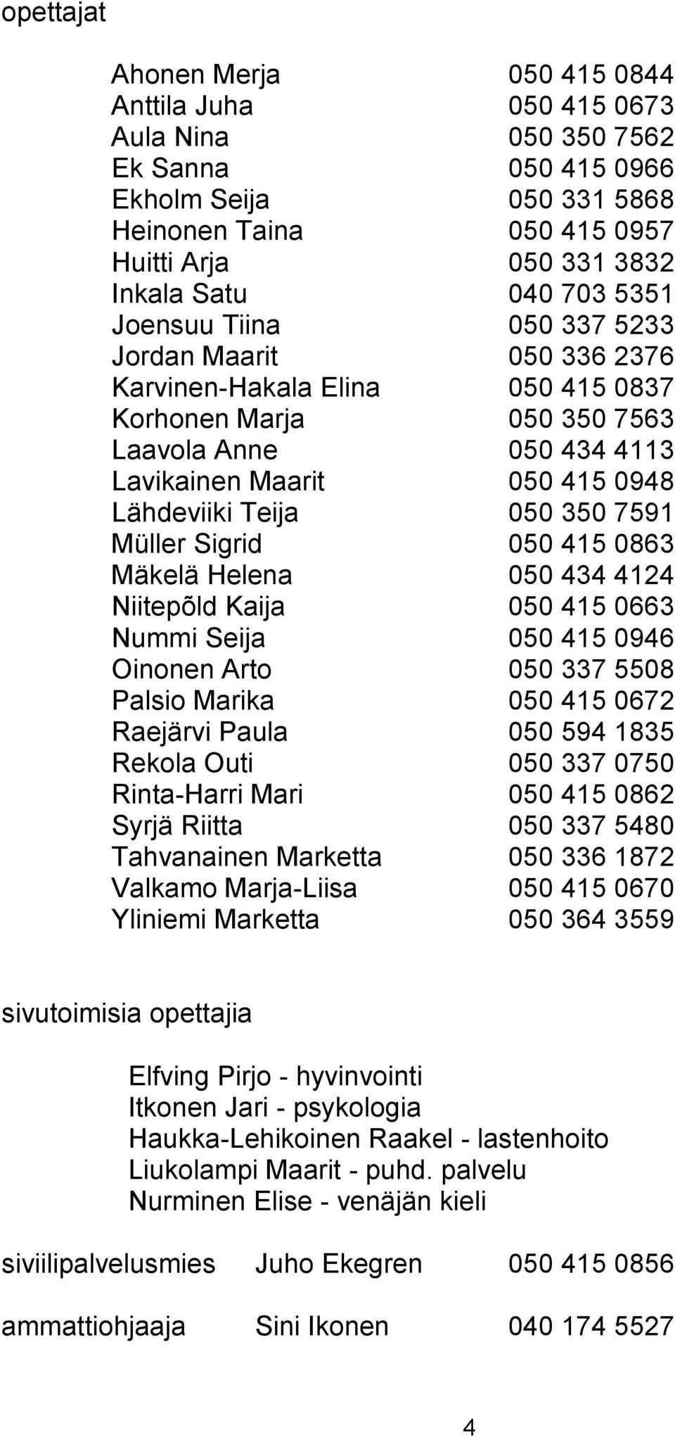 Teija 050 350 7591 Müller Sigrid 050 415 0863 Mäkelä Helena 050 434 4124 Niitepõld Kaija 050 415 0663 Nummi Seija 050 415 0946 Oinonen Arto 050 337 5508 Palsio Marika 050 415 0672 Raejärvi Paula 050