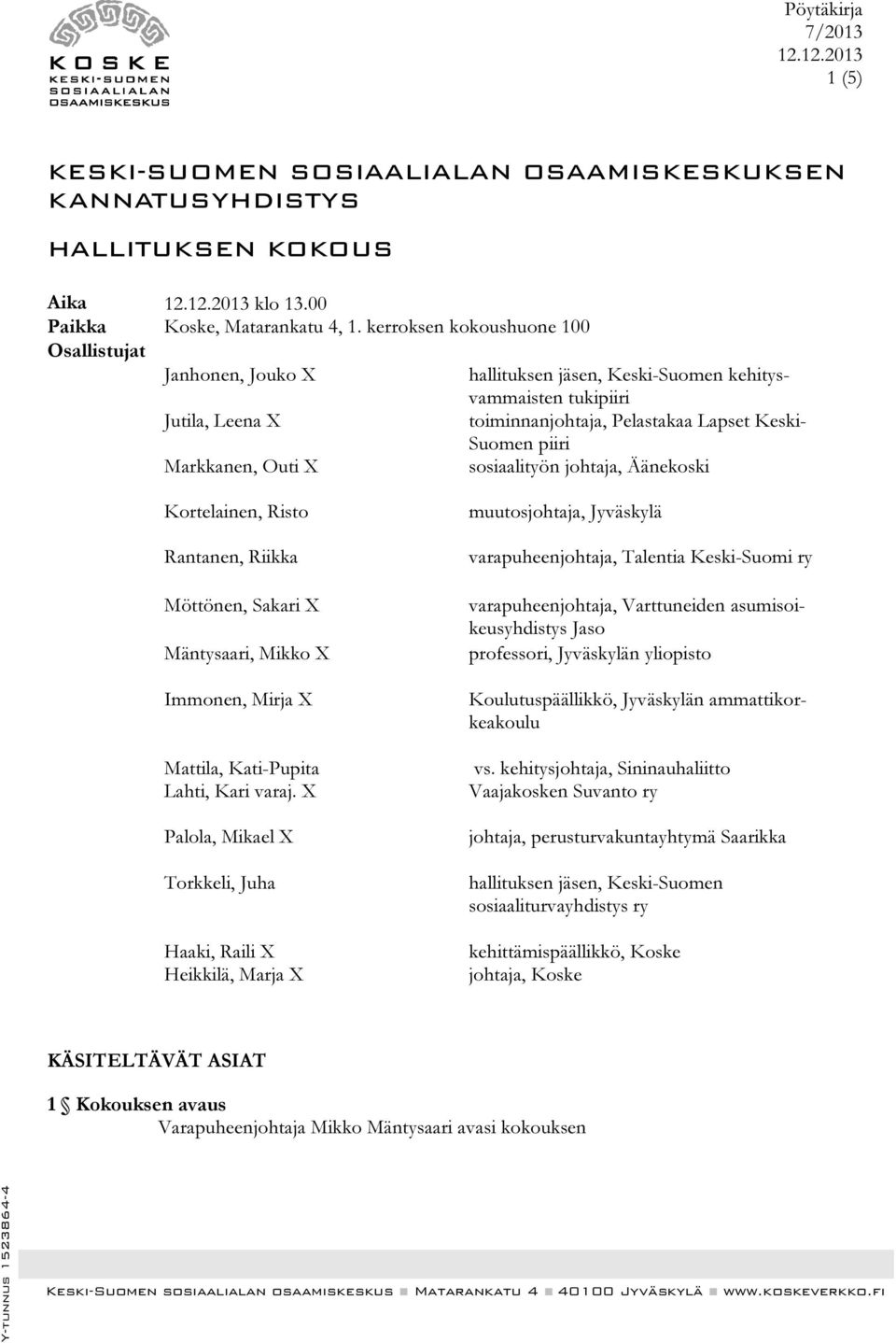Outi X sosiaalityön johtaja, Äänekoski Kortelainen, Risto Rantanen, Riikka Möttönen, Sakari X Mäntysaari, Mikko X Immonen, Mirja X Mattila, Kati-Pupita Lahti, Kari varaj.