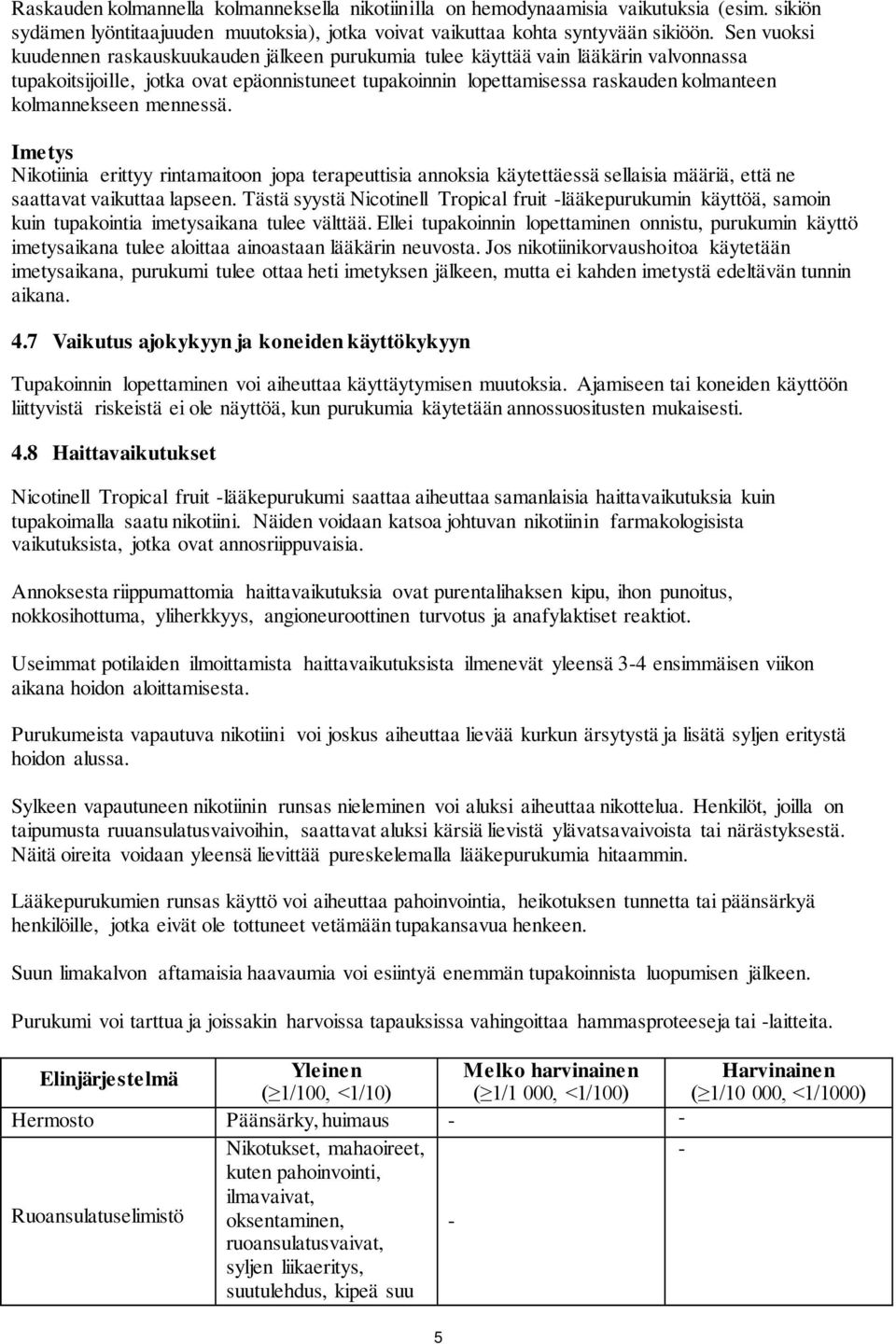 kolmannekseen mennessä. Imetys Nikotiinia erittyy rintamaitoon jopa terapeuttisia annoksia käytettäessä sellaisia määriä, että ne saattavat vaikuttaa lapseen.