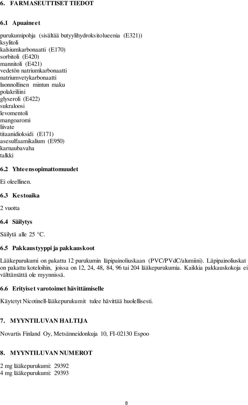 luonnollinen mintun maku polakriliini glyseroli (E422) sukraloosi levomentoli mangoaromi liivate titaanidioksidi (E171) asesulfaamikalium (E950) karnaubavaha talkki 6.